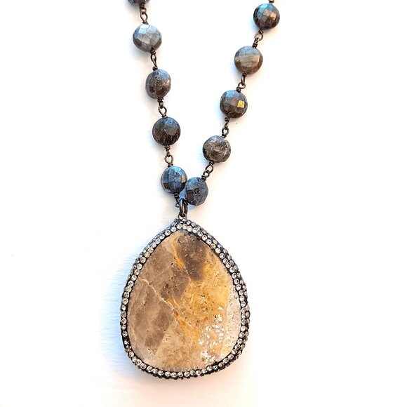 Vintage B Alli Gray Glass Necklace With Stone Iridescent Pendant - Picture 3 of 4